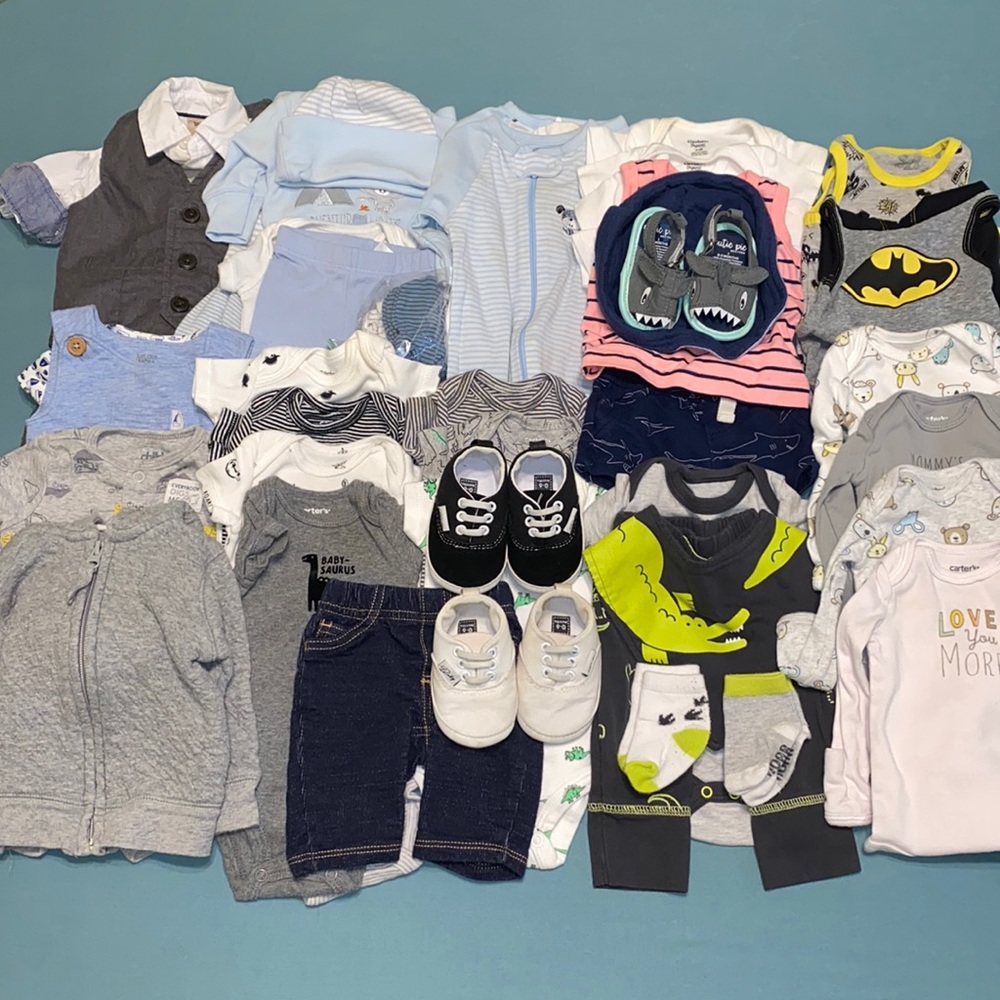 56 piece newborn boy clothes, shoes, etc...